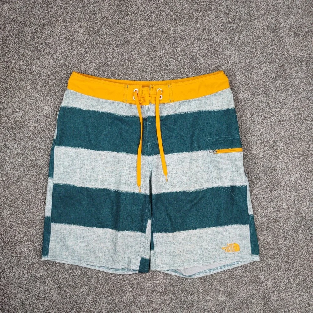The North Face Shorts Mens 32 Striped Yellow Green Boardshorts Hybrid Swim Beach
